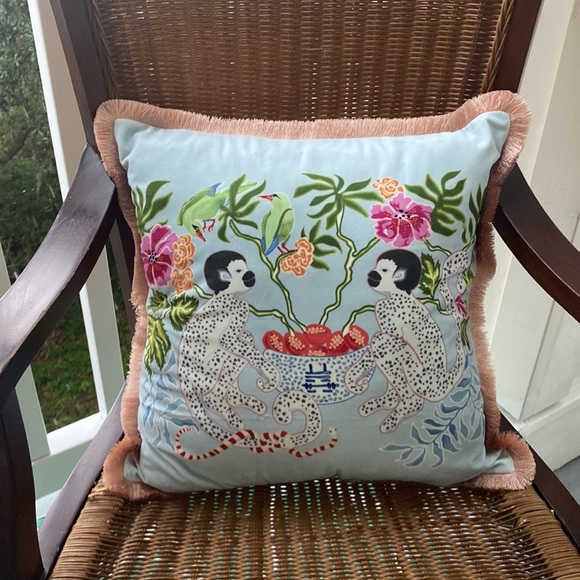 Pillow Cover Blue Monkeys - Pink Green Chinoiserie Staffordshire Dogs Ginger Jar